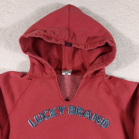 Vintage Lucky Brand Hoodie Womens XL Red Spellout Embroidered Denim Y2K - Picture 4 of 15
